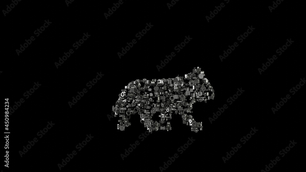Poster 3d rendering mechanical parts in shape of symbol of wolf isolated on black background