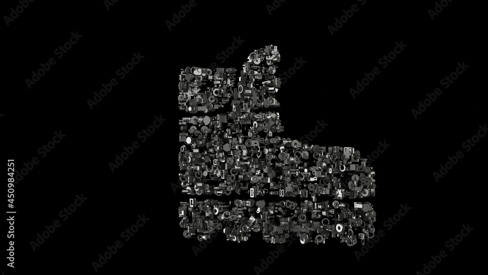 Poster 3d rendering mechanical parts in shape of symbol of work shoes isolated on black background