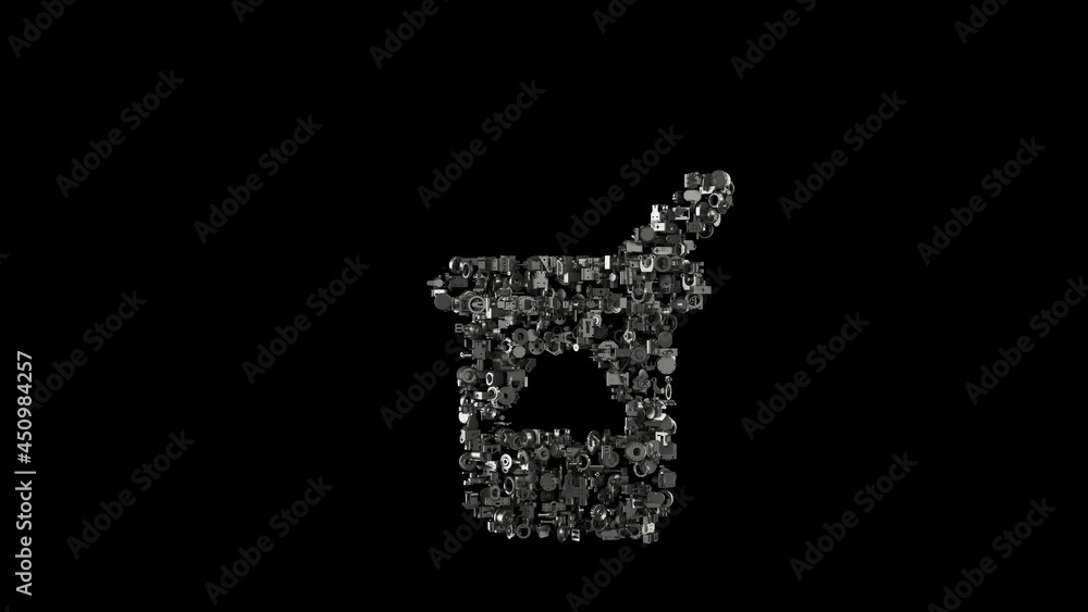 Poster 3d rendering mechanical parts in shape of symbol of yogurt isolated on black background
