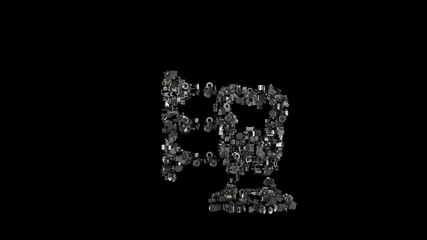 3d rendering mechanical parts in shape of symbol of 3d print stomatology isolated on black background