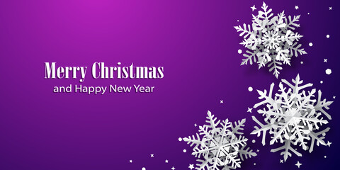 Christmas background of paper snowflakes with soft shadows, white on purple background