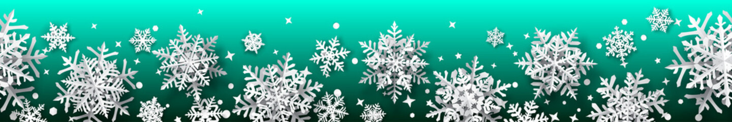 Christmas banner of paper snowflakes with soft shadows, white on turquoise background. With seamless horizontal repetition