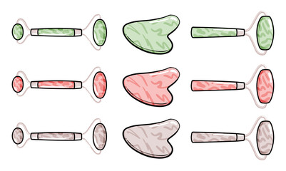 Gua Sha and facial massage roller tool isolated on white background. Quarts stone self massage scraper. Home face beauty routine. Modern flat doodle set of illustrations of Gua Sha and jade rollers.