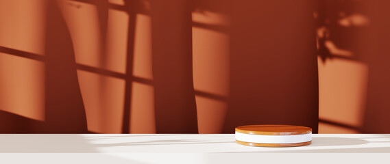 3D rendering of white striped wood podium for displaying products background. Mockup for show product.