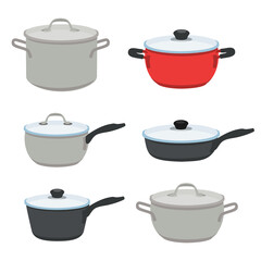 Pans pots and saucepans isolated on white background.