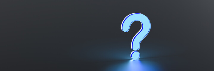 Blue glowing question mark on black background with empty copy space on left side, FAQ Concept. 3D Rendering
