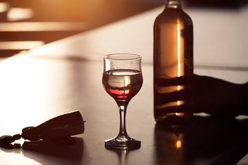 Glass of red wine in the sunset.