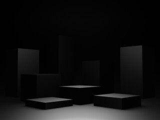 3D black geometric product podium. Dark background.