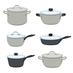 Pans pots and saucepans isolated on white background.