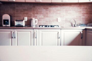 Cozy bright kitchen interior with wooden furniture