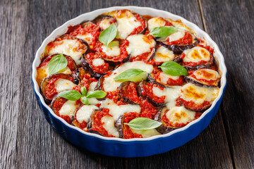 eggplant parmigiana in a baking dish, top view