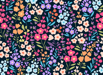 Seamless pattern with colorful small flowers and leaves