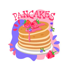 Stack of pancakes with strawberries, blueberries, raspberries and syrup on a plate