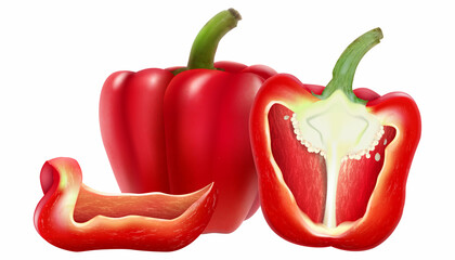 Bell pepper. Whole, half and slice red sweet bell pepper. Vector 3D realistic illustration for menu, poster, label. Isolated on white background.