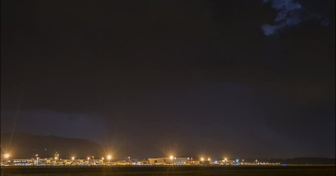 Time lapse of night summer storm over Ljubljana airport, Slovenia. Extreme lightning storm timelapse. Left tracking, wide angle