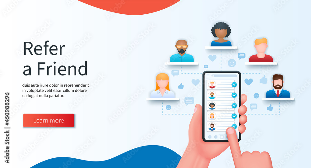 Wall mural refer a friend program concept. hand holds a mobile phone with a list of friends on the screen. refe