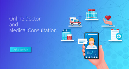 Online doctor banner. Medical consultations and drug search by mobile phone. Web vector landing page template in 3D style