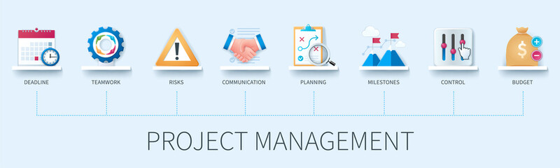 Project management banner with icons. Deadline, teamwork, risks, communication, planning, milestones, control, budget icons. Business teamwork concept. Web vector infographic in 3D style