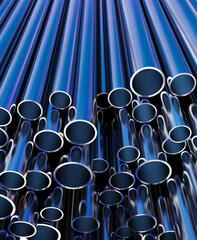 Steel pipes of various diameters. Metal pipelines manufacturing. 3d illustration.