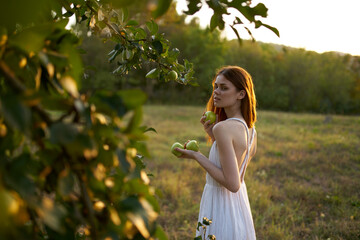 woman near apple tree in white dress in nature