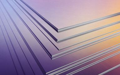 Metal sheets in warehouse, rolled metal product. 3d illustration 