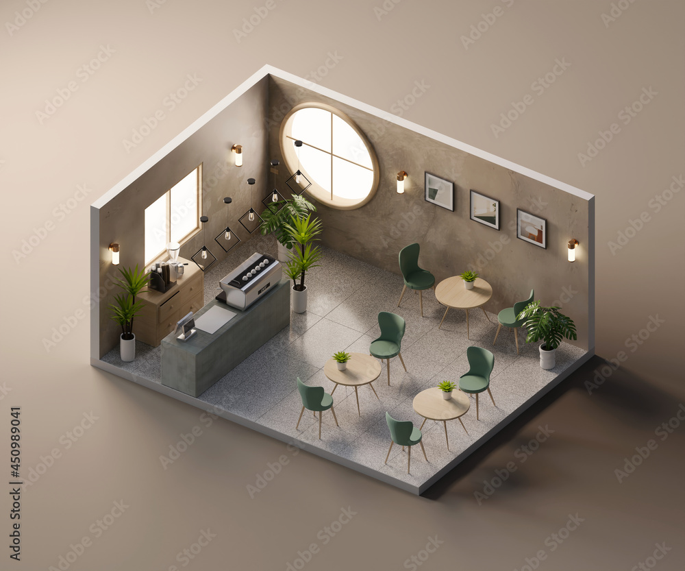 Poster isometric view minimal cafe store open inside interior architecture, 3d rendering.