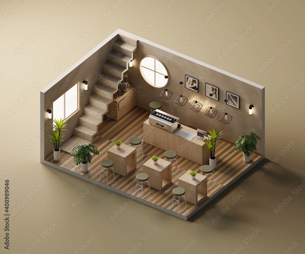 Poster isometric view minimal cafe store open inside interior architecture, 3d rendering.