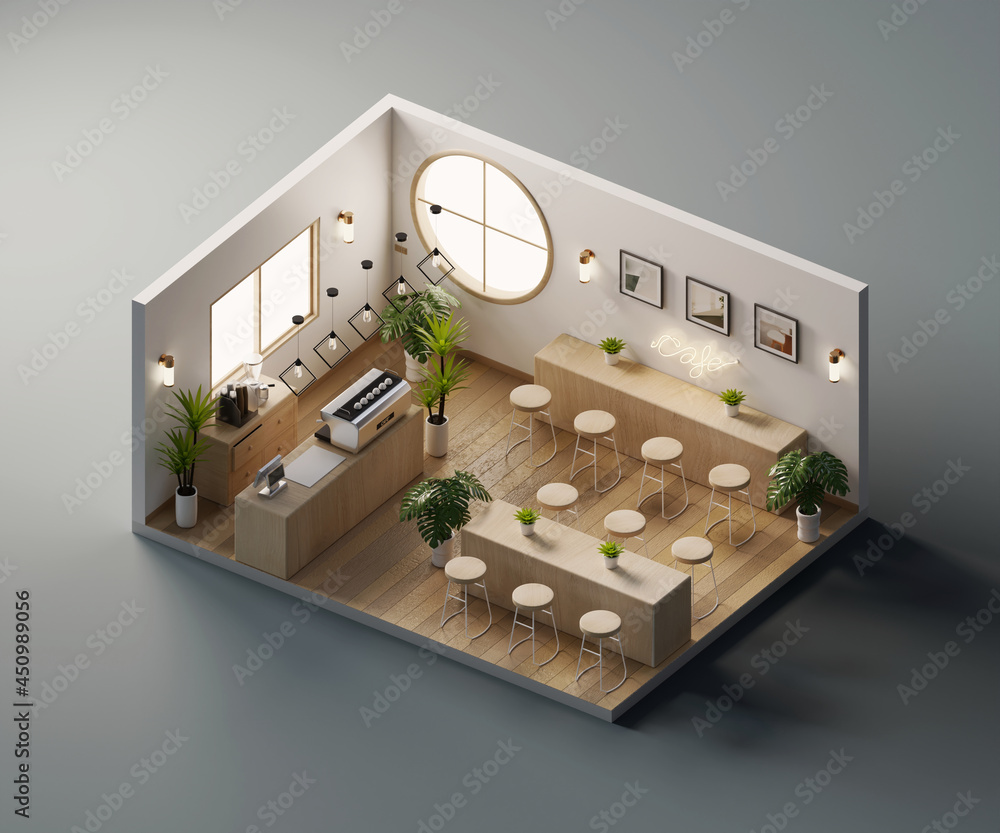 Poster isometric view minimal cafe store open inside interior architecture, 3d rendering.