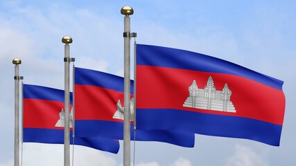 3D, Cambodian flag waving on wind. Close up of Cambodia banner blowing soft silk