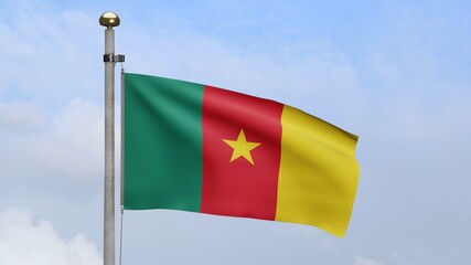 3D, Cameroonian flag waving on wind. Close up Cameroon banner blowing soft silk.