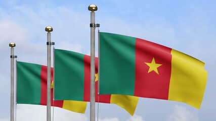 3D, Cameroonian flag waving on wind. Close up Cameroon banner blowing soft silk