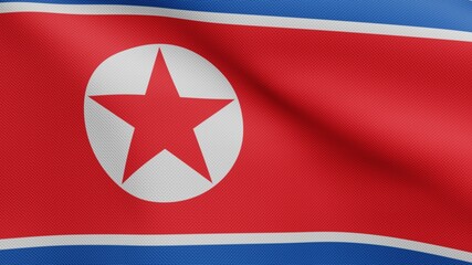 3D, North Korean flag waving on wind. Close up of Korea banner blowing soft silk