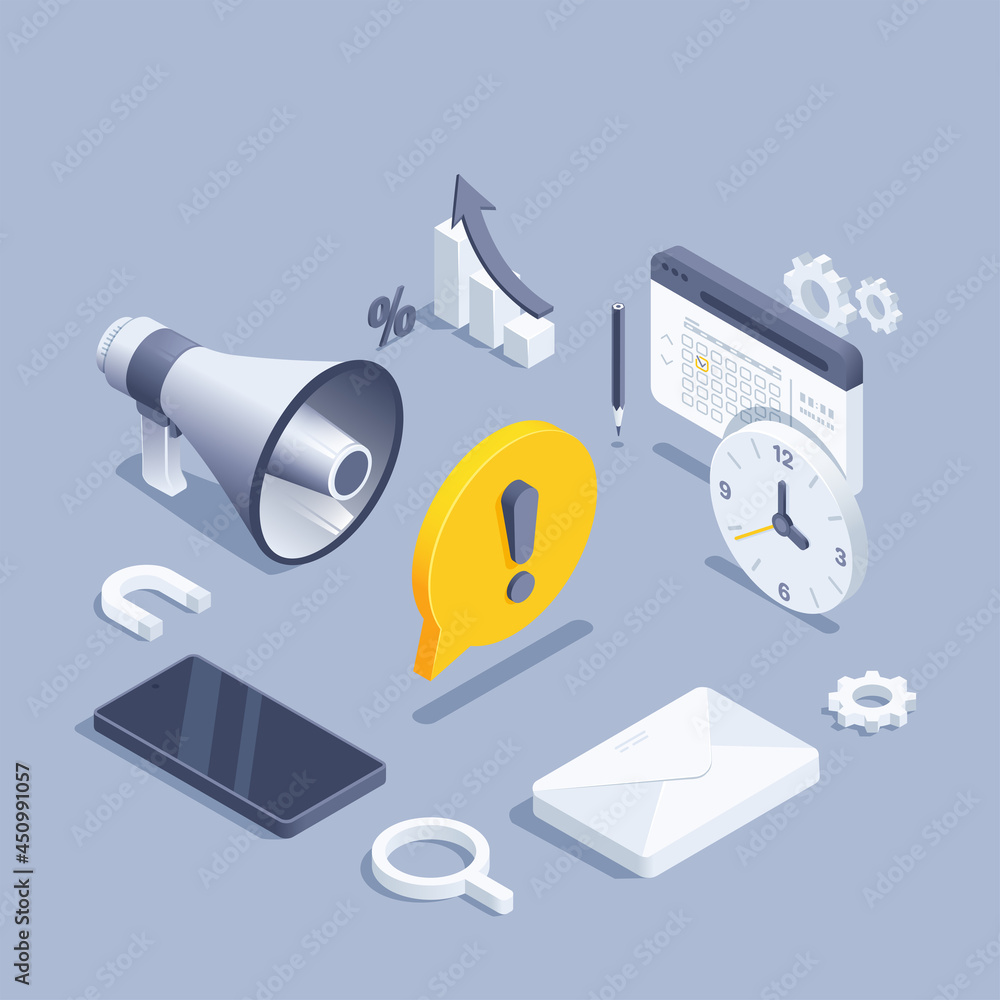 Poster isometric vector illustration on gray background, loudspeaker with text bubble and exclamation mark,