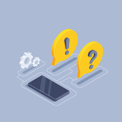 isometric vector illustration on gray background, smartphone and text bubbles with question mark and exclamation mark, spinning gears, get message