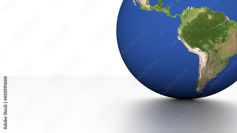 Poster globe of the planet earth with reflection on a white background. 3d rendering image.