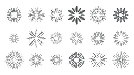 Set Abstract Collection Starburst Sunburst Sunset Black Line Doodle Design Elements Bursting Rays Sunrise Light Radiant Spark Vector Design Style