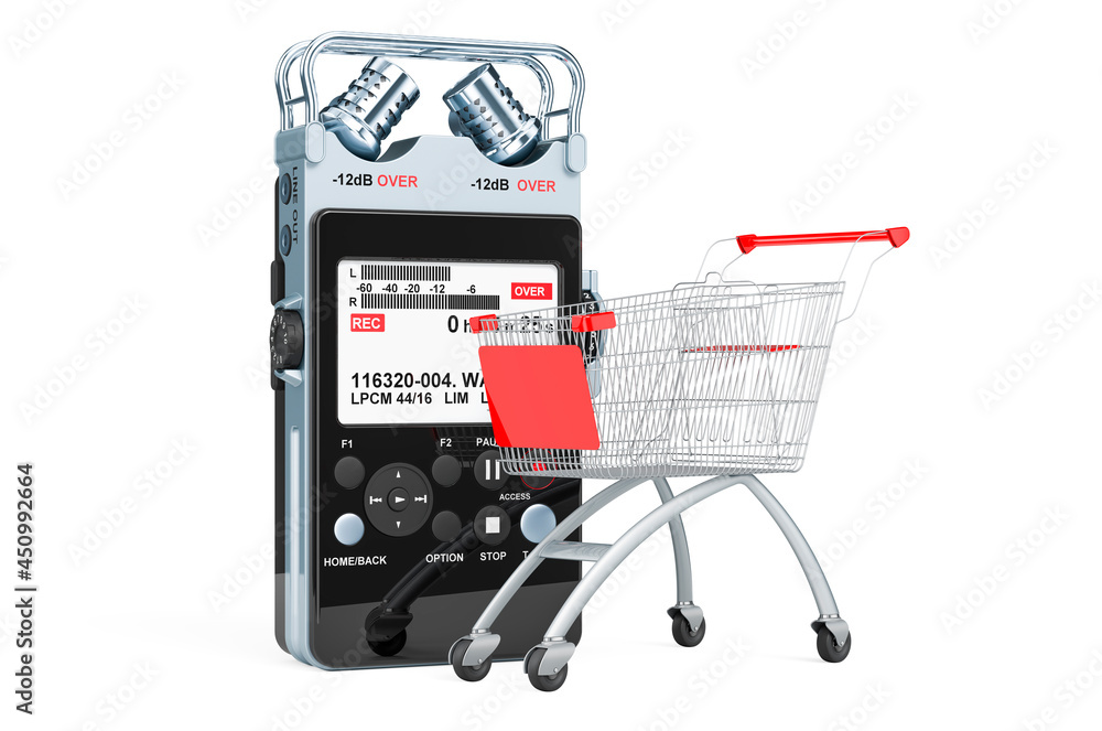 Poster shopping cart with digital voice recorder, 3d rendering
