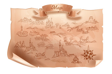 Old vintage map vector illustration, travel cartography antique paper, game parchment background. Adventure fantasy medieval papyrus, magic kingdom, doodle geography element. Old map treasure frame © Oleksandra