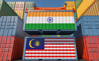 Freight containers with India and Malaysia national flags. 3D Rendering 