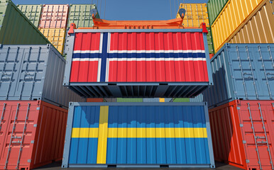 Freight containers with Sweden and Norway national flags. 3D Rendering 