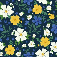Seamless vintage pattern. Wonderful white, yellow and blue flowers on a dark blue background . Vector texture. Trend print for textiles and wallpaper.