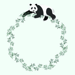 Bamboo frame with a panda. Bamboo wreath, postcard, brochure. Vector illustration.
