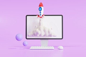 Startup concept with rocket flying out of computer laptop screen on purple background. front view, 3D illustration