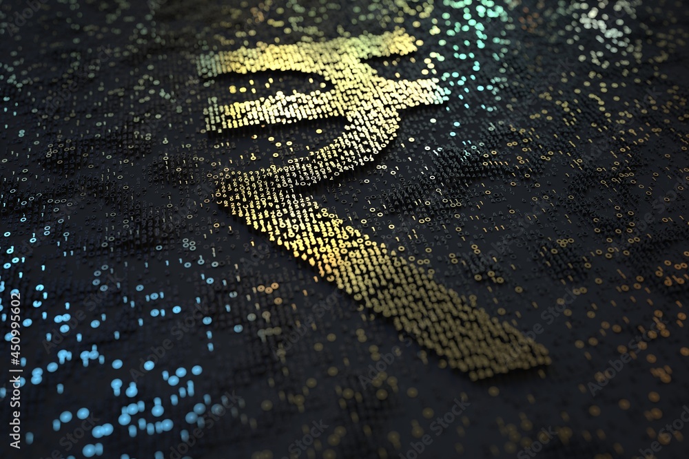 Poster rupee sign consisting of numbers. digital currency or crypto fintech related conceptual 3d rendering