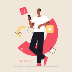 Business concept flat style outline vector illustration on the subject of social media content, communication. Editable stroke