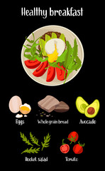 Healthy breakfast hand drawn recipe. Delicious ready dish with ingredients in flat style with dry brush texture.