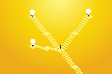 Businessman standing in front of stairs decides which way to up light bulb.