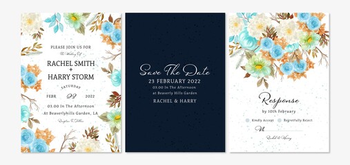 Set of Floral Wedding Invitation Card with Autumn Foliage