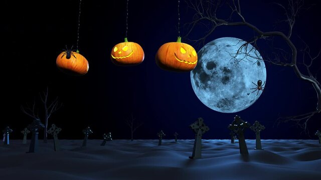 

Halloween holiday all saints day. Scary pumpkins in the cemetery and the moonlight is shining. 