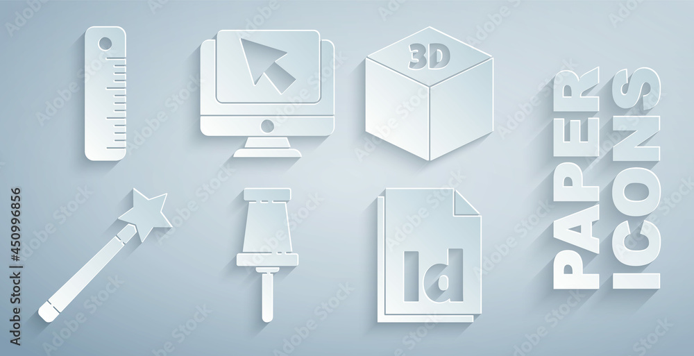 Poster set push pin, isometric cube, magic wand, id file document, computer monitor cursor and ruler icon. 